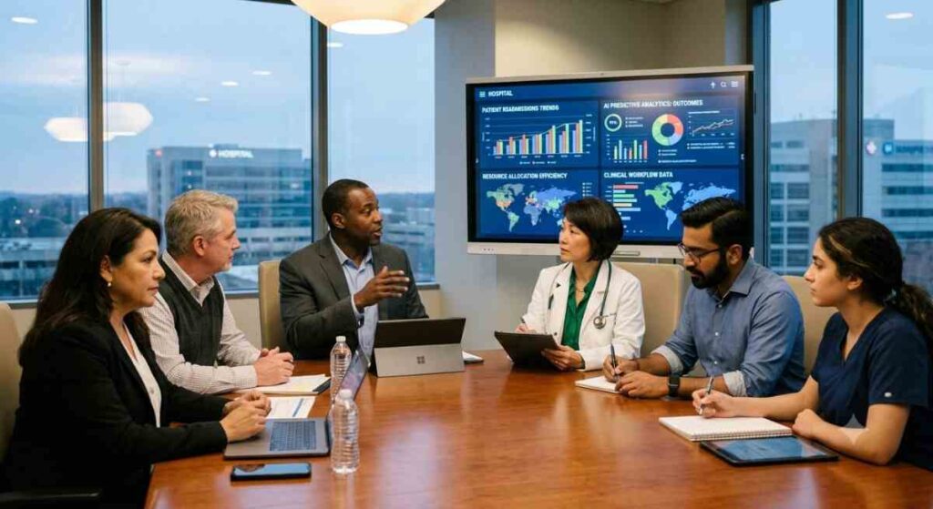 Health care leadership team having a meeting on digital transformation of their hospital.