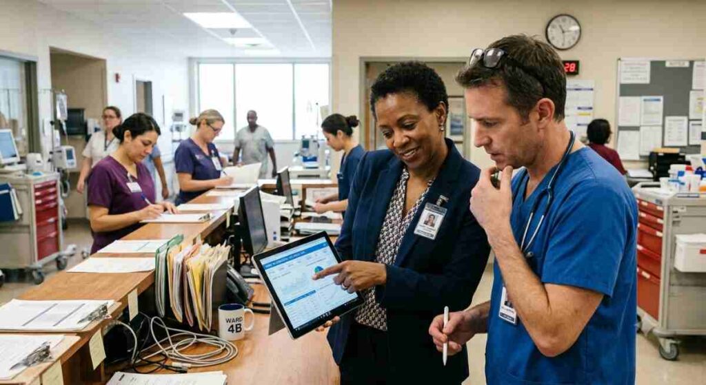 A doctor and a nurse checking details on a screen.